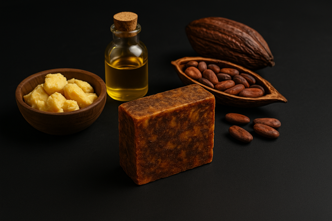 Handcrafted African black soap with natural ingredients including shea butter, cocoa pods, and oil on a dark background.